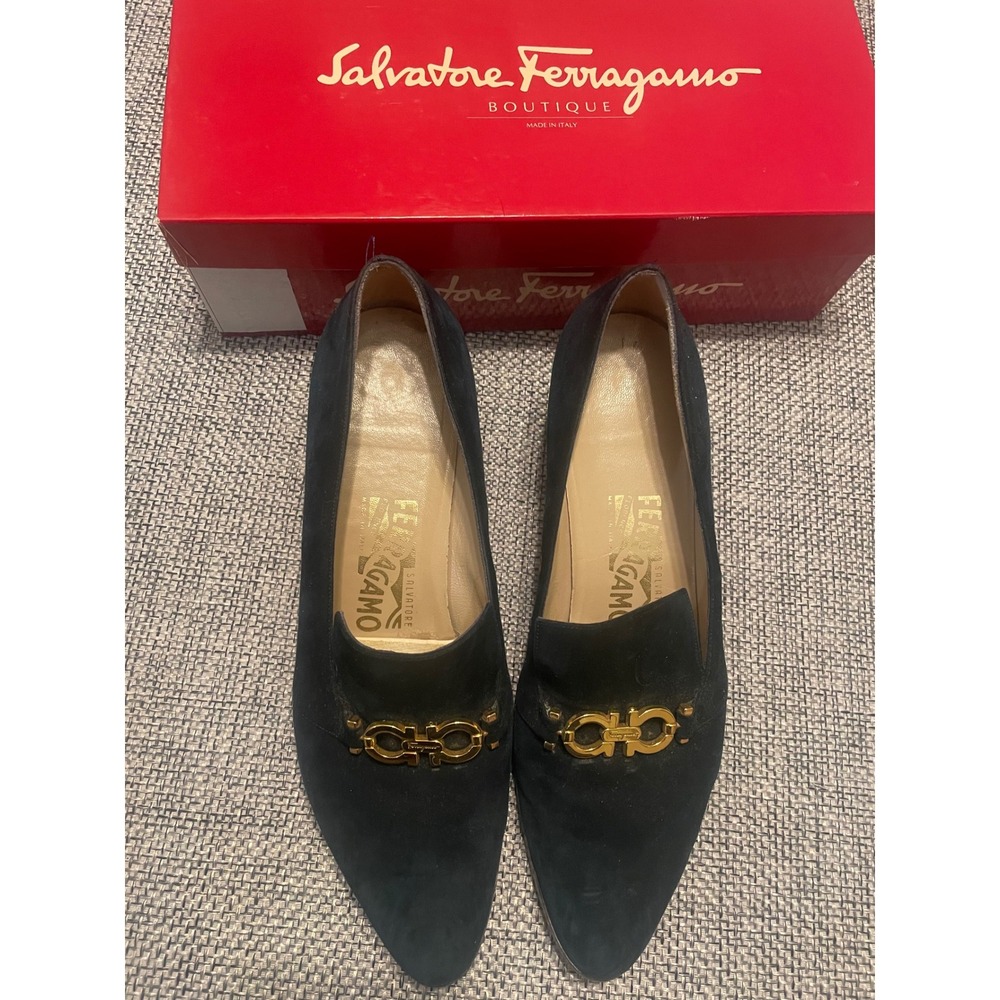 Salvatore Ferragamo Rinata Navy Suede Gancini Loafer Block Heel Pumps 10 B